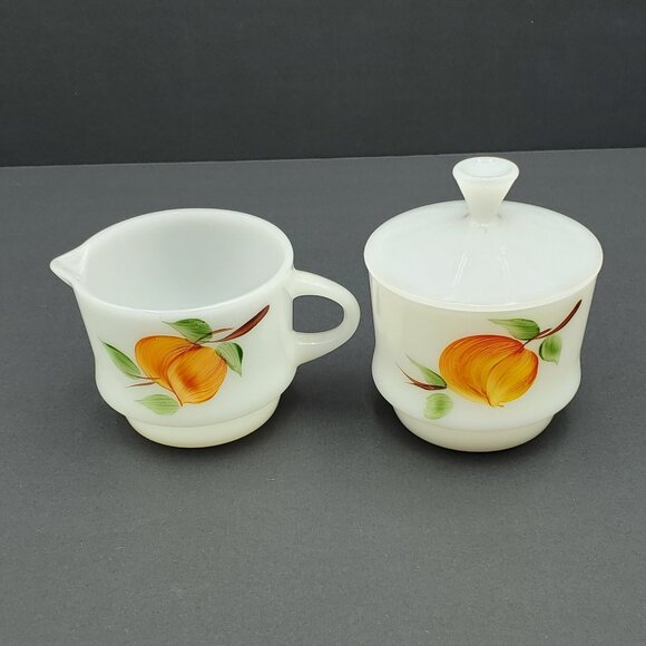 Anchor Hocking Fire King Fruit Peach Gay Fad Creamer Sugar Bowl with Lid - Picture 2 of 13